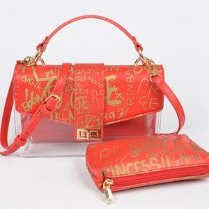 Red & Clear Metallic Graffiti Print Top Handle Bag